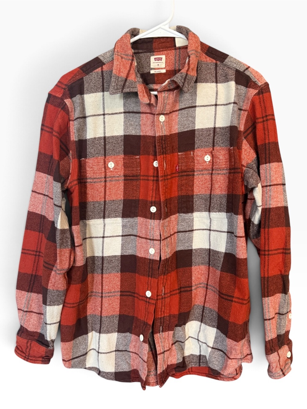 Levi's Orange and White Plaid Button-Down Flannel Shirt Medium